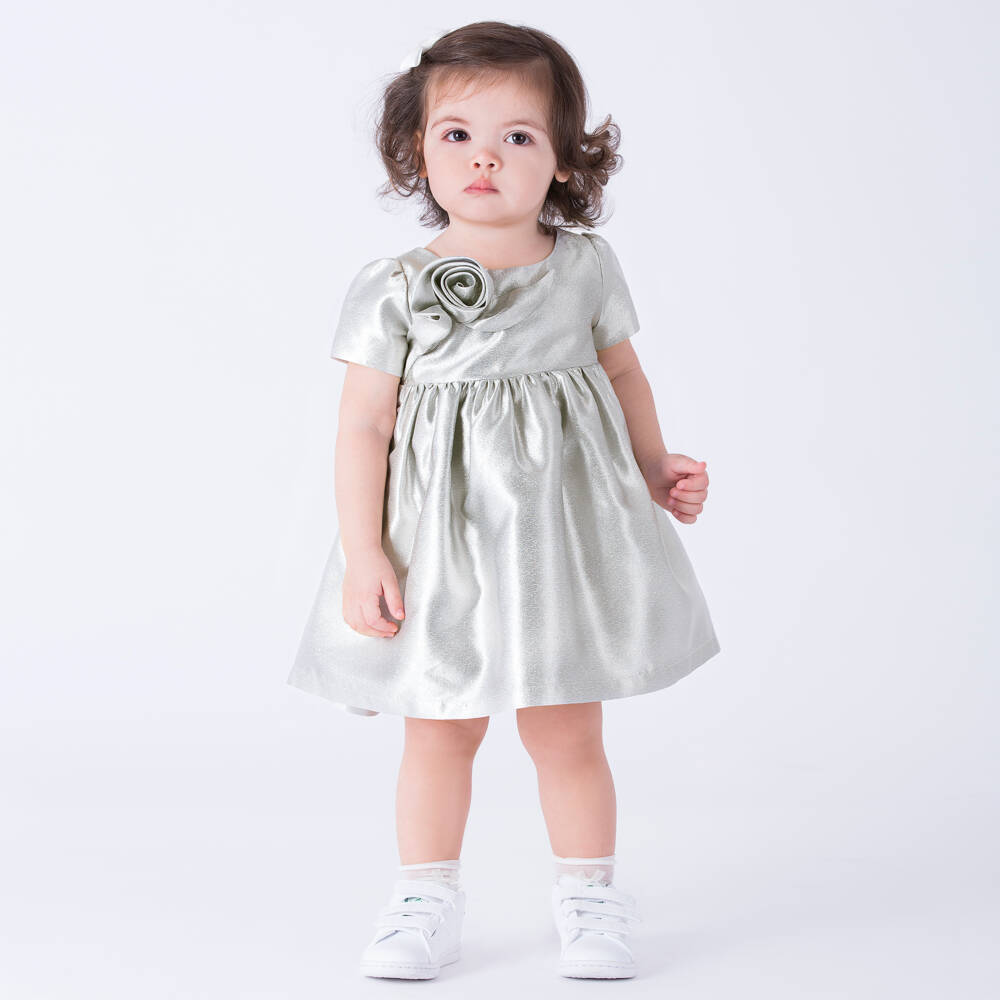 Mama Luma-Baby Girls Metallic Silver Satin Dress with Rose Appliqué | Childrensalon Outlet