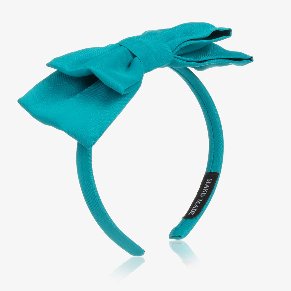 Mama Luma - Gilrs Turquoise Blue Satin Bow Hairband | Childrensalon