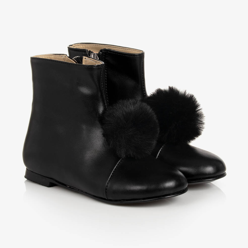 Mama Luma - Girls Black Faux Leather Pom-Pom Boots | Childrensalon