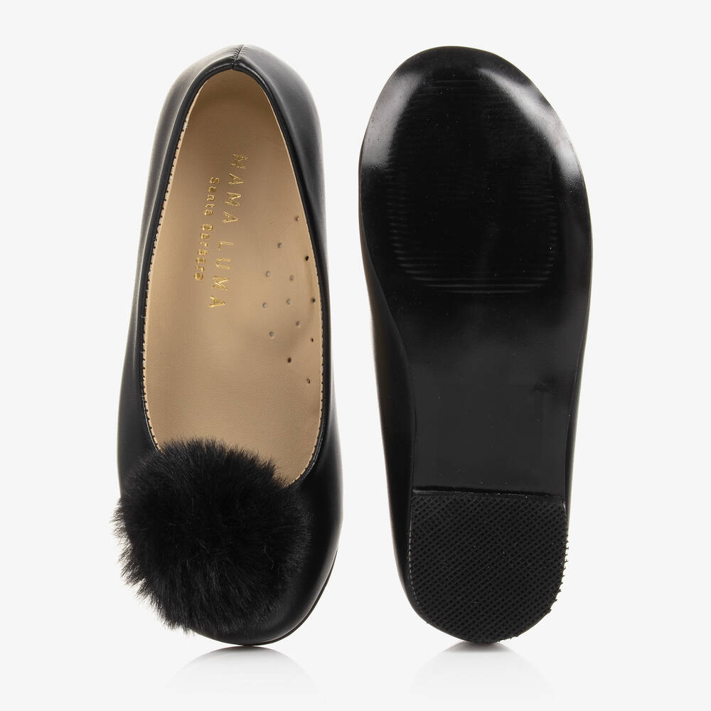 Mama Luma Girls Black Faux Leather Pom Pom Pumps Childrensalon Outlet