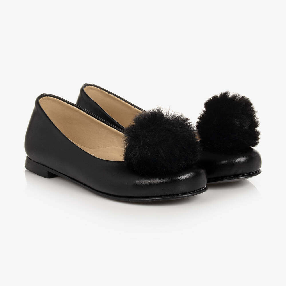 Mama Luma - Girls Black Faux Leather Pom-Pom Pumps | Childrensalon