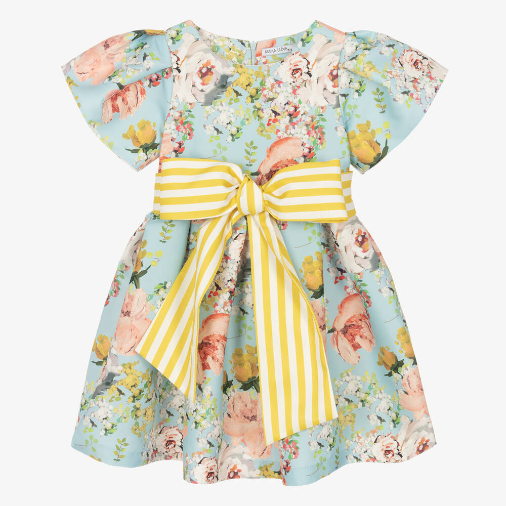 Mama Luma - Robe bleue en satin à fleurs fille | Childrensalon