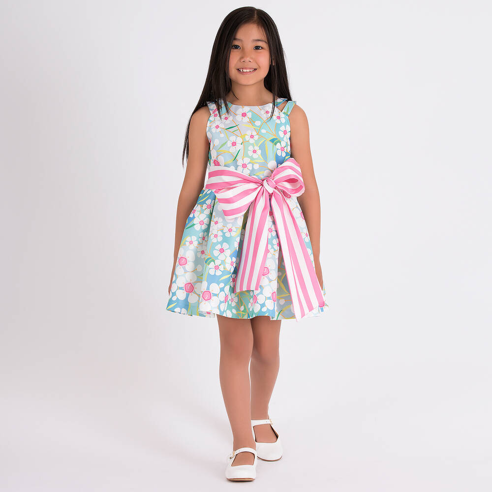 Mama Luma-Girls Blue Floral Satin Dress | Childrensalon Outlet