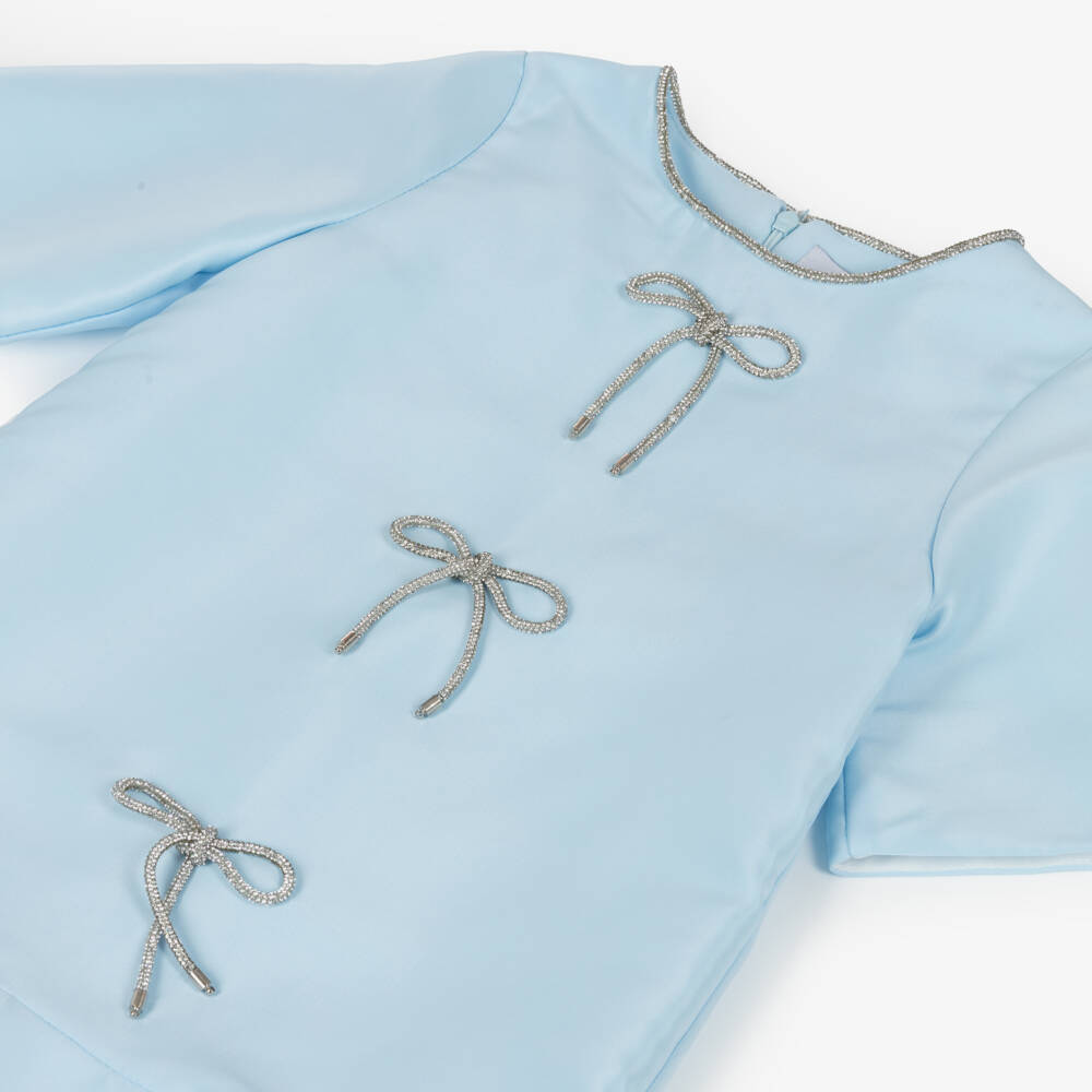 Mama Luma-Girls Blue Satin Twill Dress with Diamanté Bows | Childrensalon Outlet