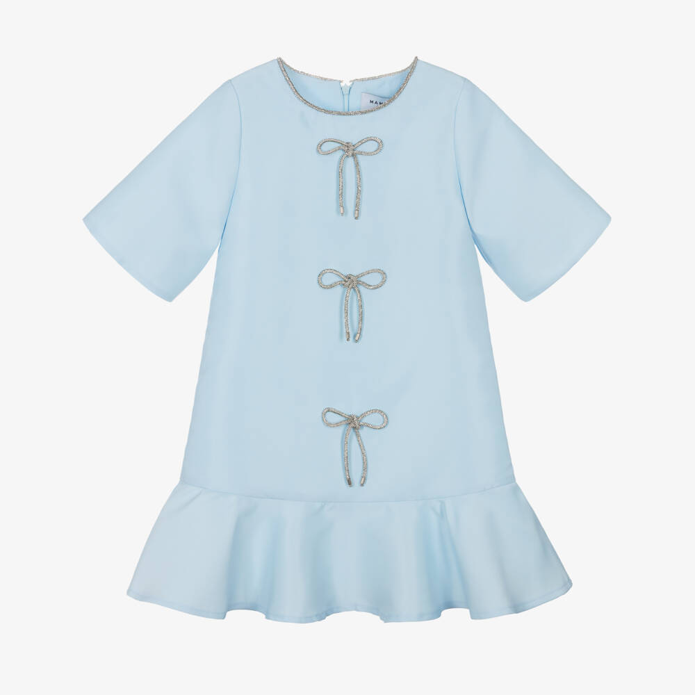 Mama Luma-Girls Blue Satin Twill Dress with Diamanté Bows | Childrensalon Outlet