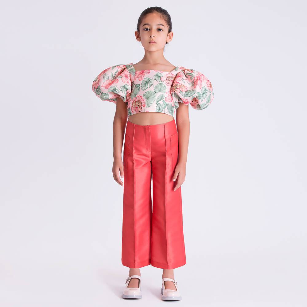 Mama Luma-Girls Coral Red Pleated Satin Trousers | Childrensalon Outlet