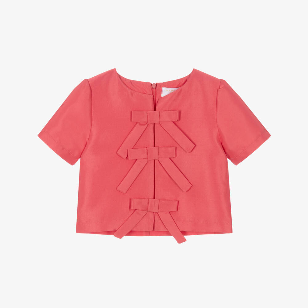 Mama Luma-Girls Coral Red Satin Bow Blouse | Childrensalon Outlet