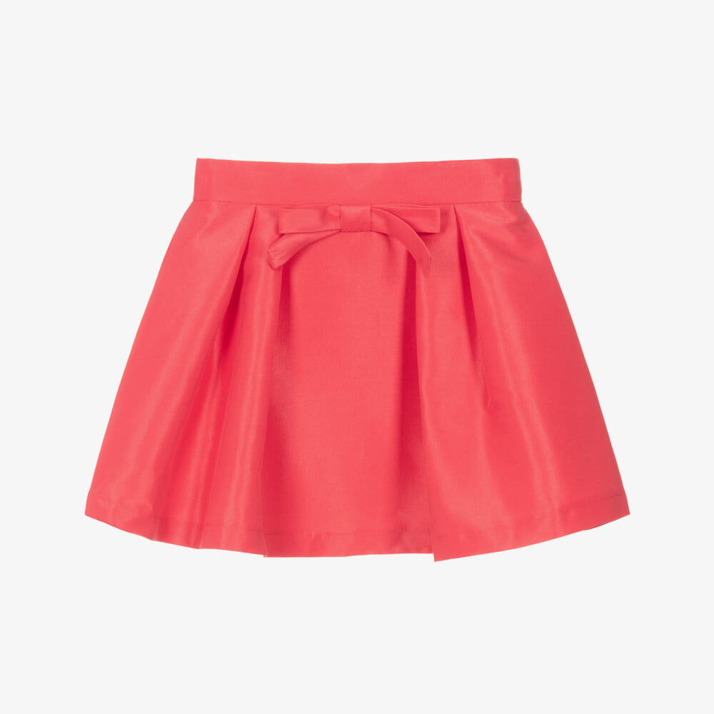 Mama Luma-Girls Coral Red Satin Pleated Skirt with Bow | Childrensalon Outlet