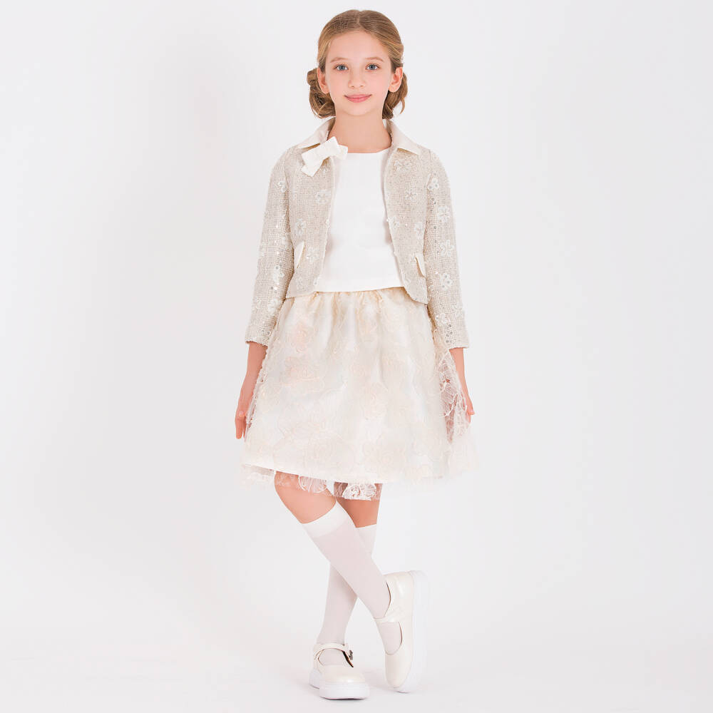 Mama Luma-Girls Cream Floral Tulle Skirt | Childrensalon Outlet