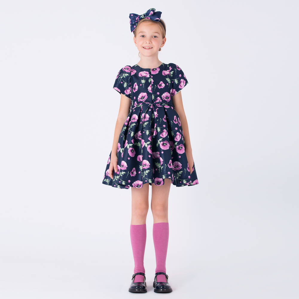 Mama Luma-Girls Elegant Navy Floral Satin Dress | Childrensalon Outlet