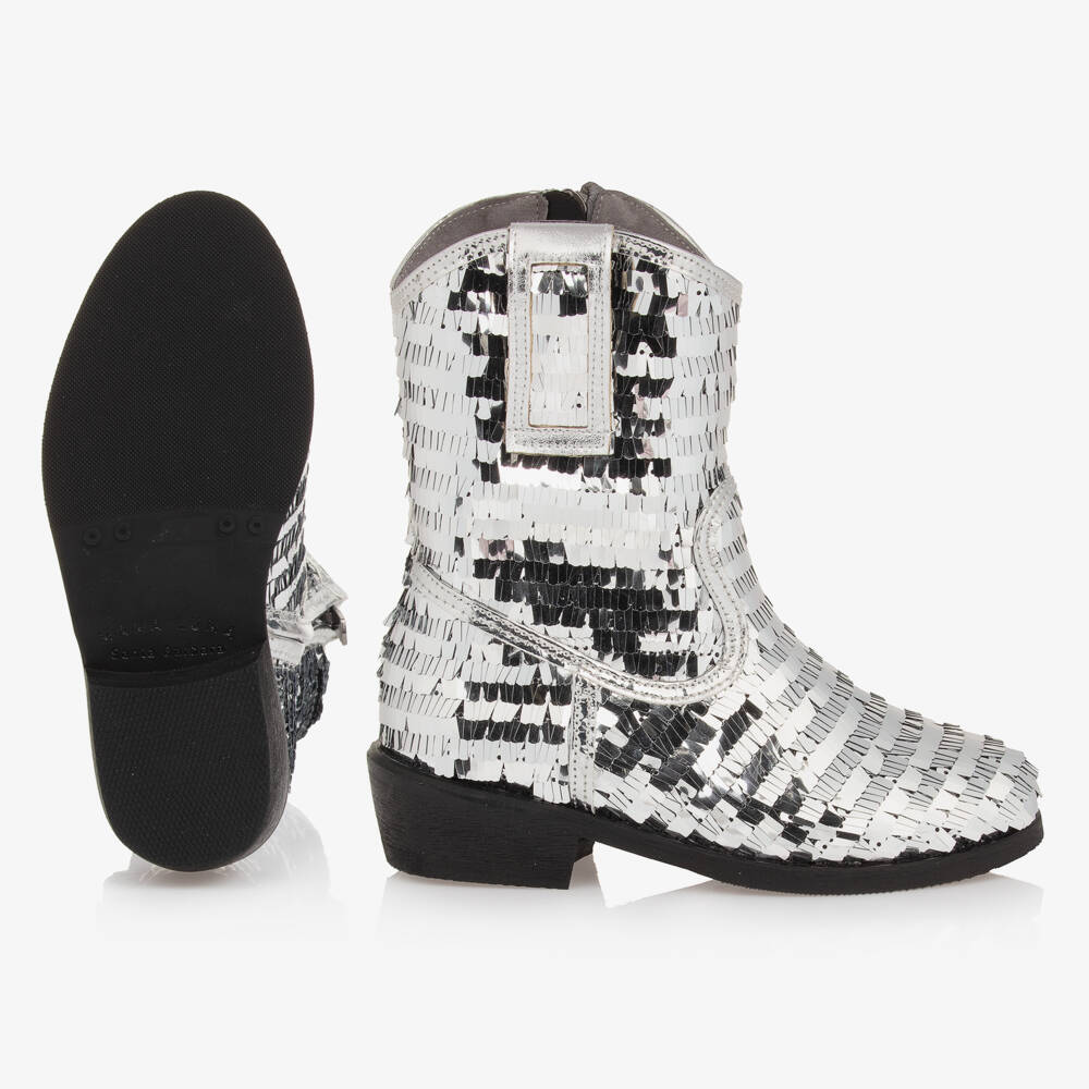 Mama Luma-Girls Glittering Silver Western Boots | Childrensalon Outlet