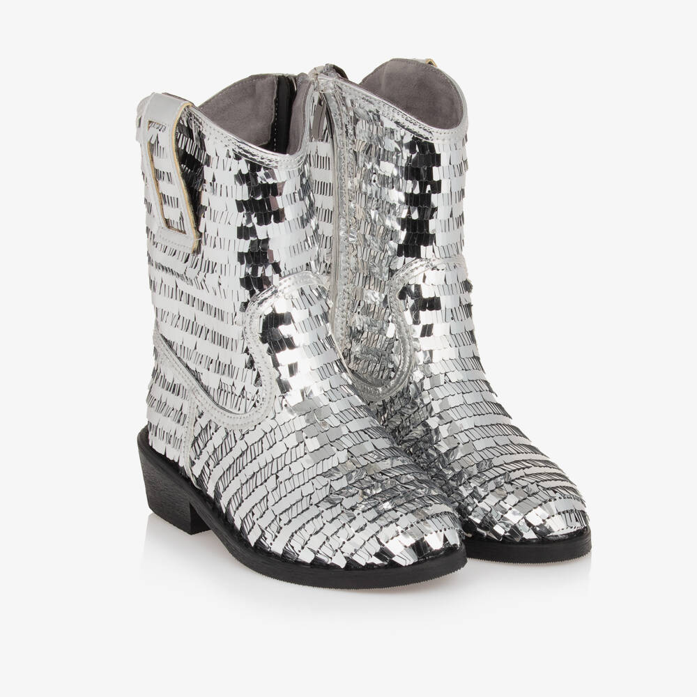 Mama Luma-Girls Glittering Silver Western Boots | Childrensalon Outlet