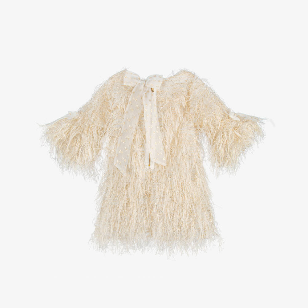 Mama Luma-فستان بناتي ذهبي مزين بالريش | Childrensalon Outlet