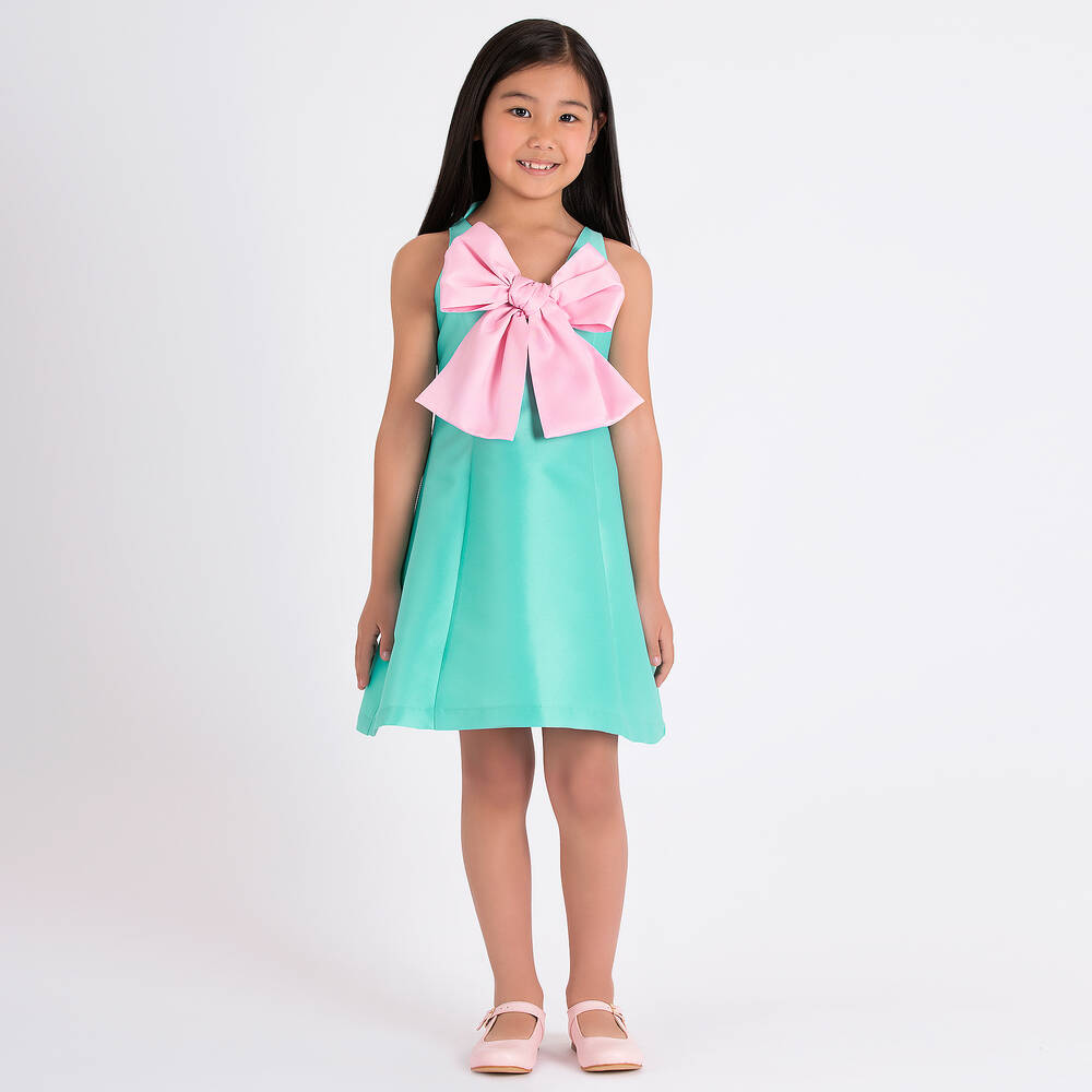 Mama Luma-فستان ساتان لون أخضر نعناعي مزين بفيونكة | Childrensalon Outlet