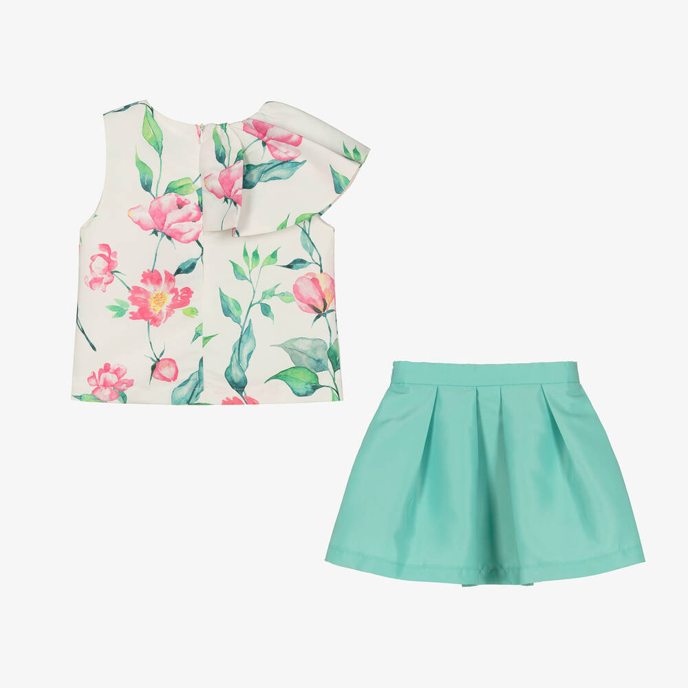 Mama Luma-طقم تنورة ساتان لون أخضر بطبعة ورود | Childrensalon Outlet