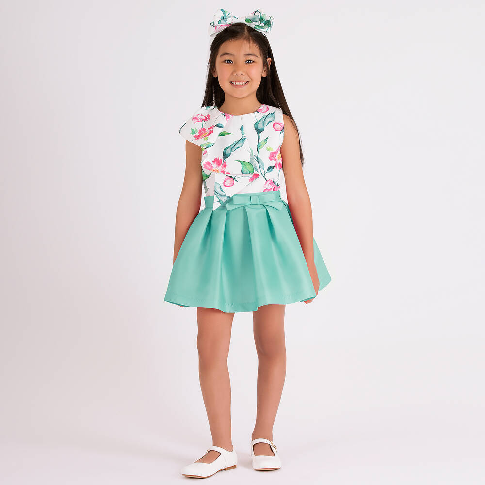 Mama Luma-طقم تنورة ساتان لون أخضر بطبعة ورود | Childrensalon Outlet