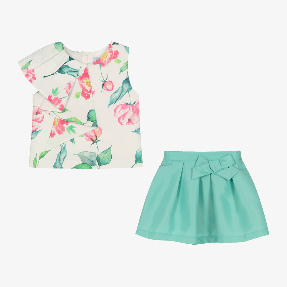Mama Luma-طقم تنورة ساتان لون أخضر بطبعة ورود | Childrensalon Outlet