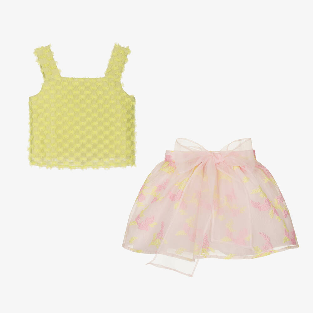 ماما لوما-طقم تنورة أورغانزا لون أخضر وزهري بطبعة ورود | Childrensalon Outlet