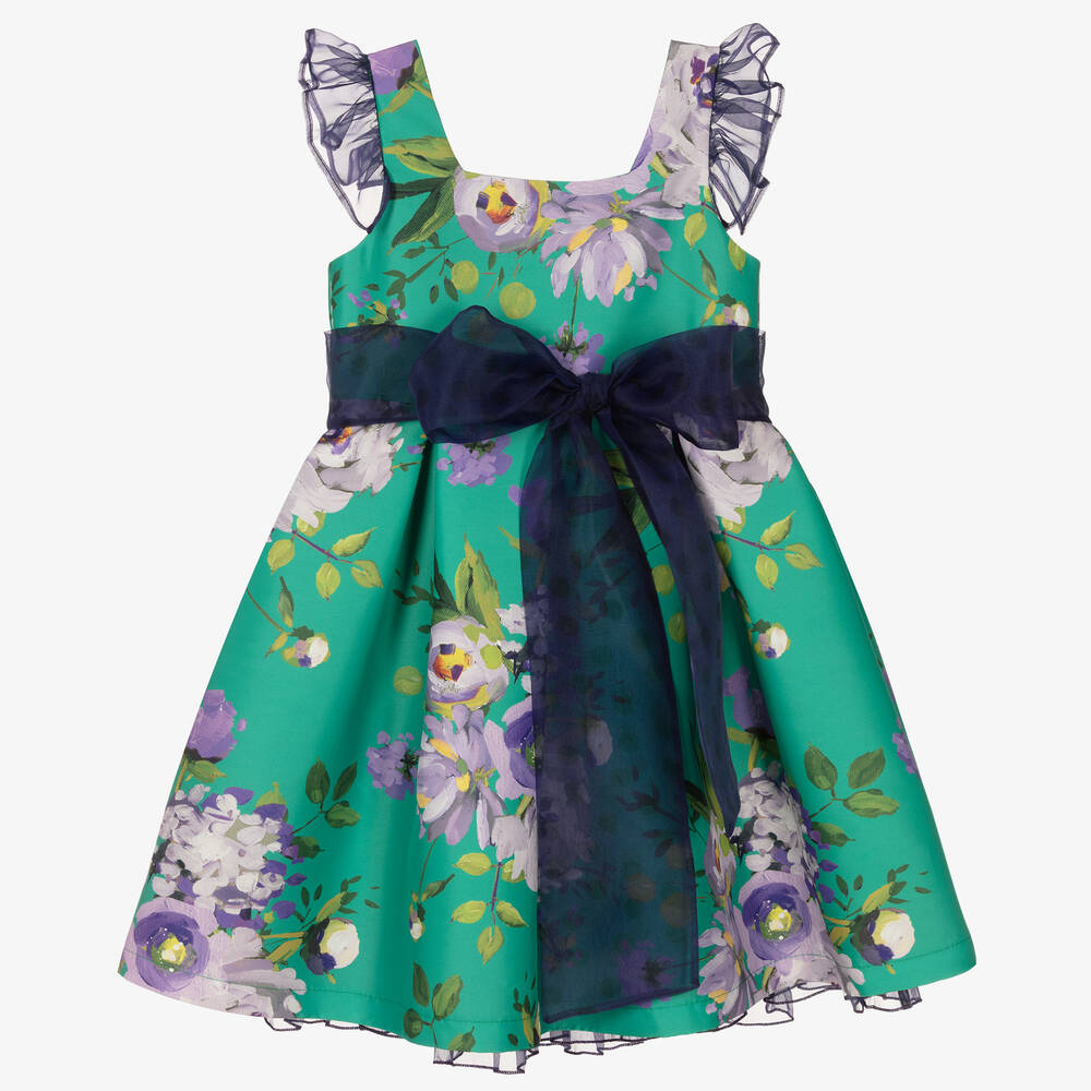 Mama Luma - Girls Green & Purple Floral Satin Dress | Childrensalon