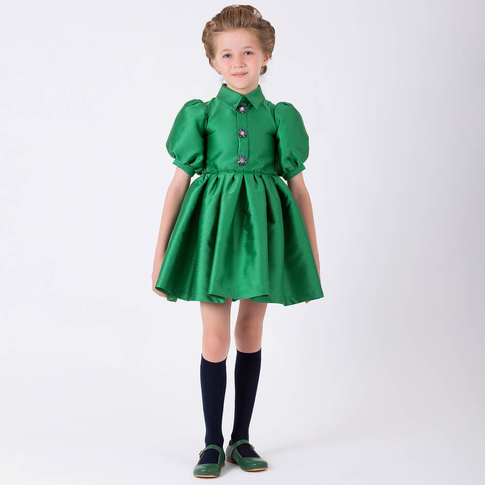 Mama Luma-Зеленое атласное платье для девочек | Childrensalon Outlet