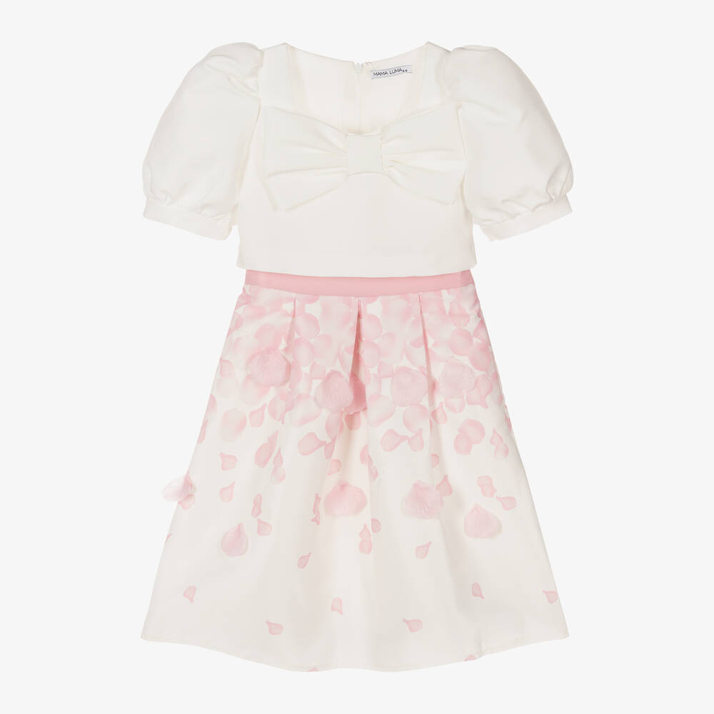 Mama Luma - Girls Ivory & Pink Petal Satin Skirt Set | Childrensalon