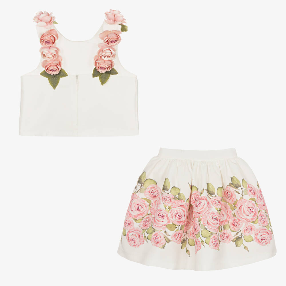 Mama Luma-Girls Ivory & Pink Rose Skirt Set | Childrensalon Outlet