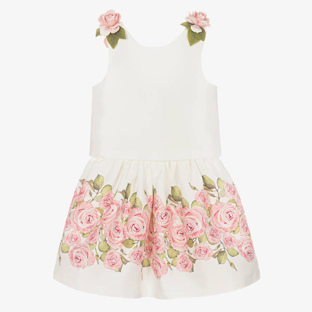 Mama Luma - Girls Ivory & Pink Rose Skirt Set | Childrensalon