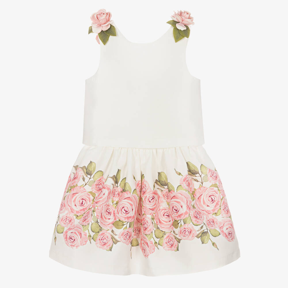 Mama Luma-Girls Ivory & Pink Rose Skirt Set | Childrensalon Outlet