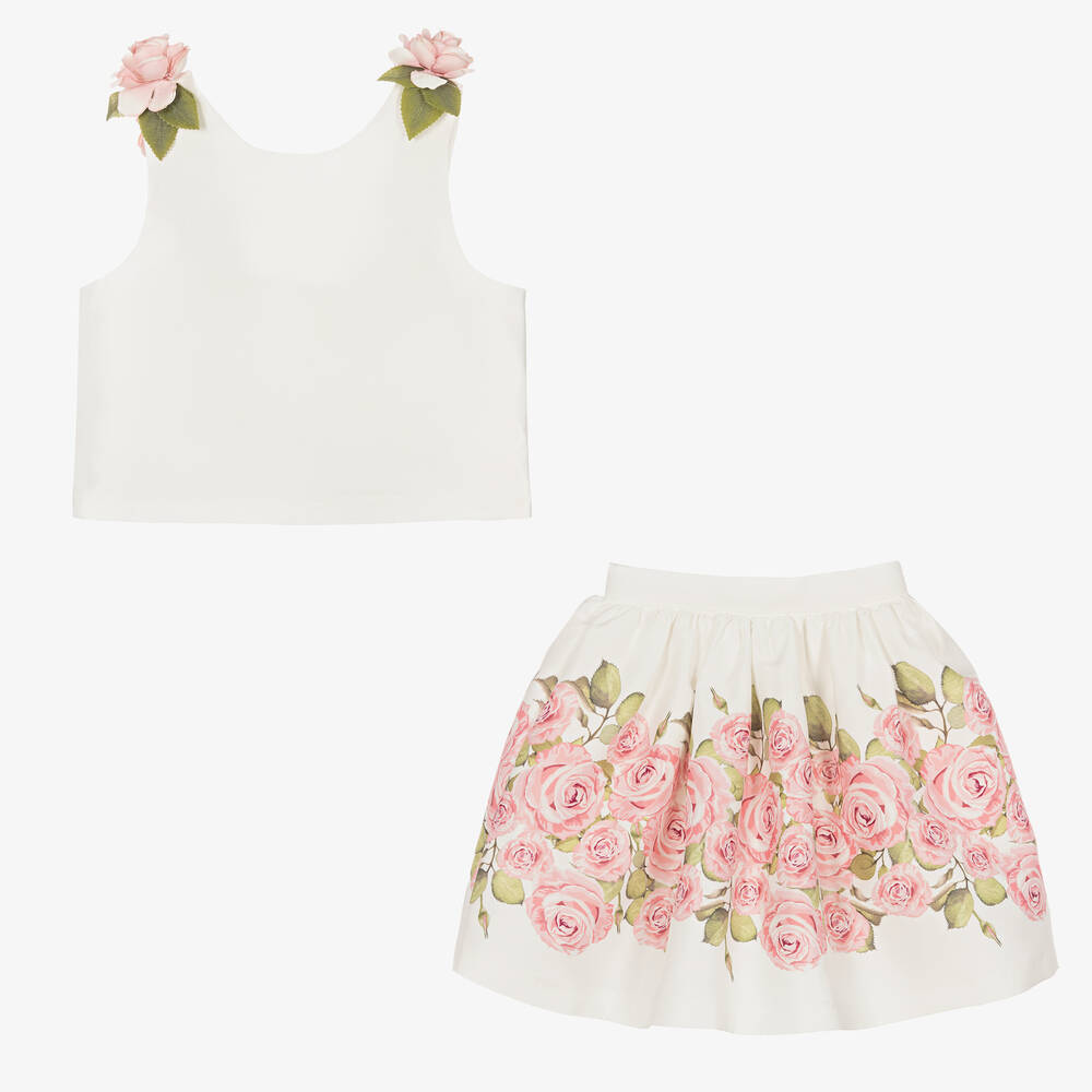 Mama Luma-Girls Ivory & Pink Rose Skirt Set | Childrensalon Outlet
