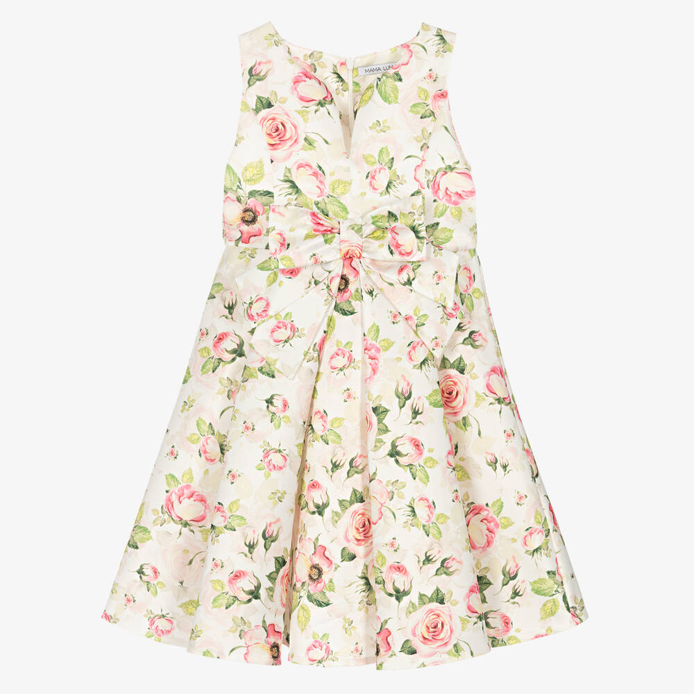 Mama Luma - Girls Ivory & Pink Satin Rose Dress | Childrensalon