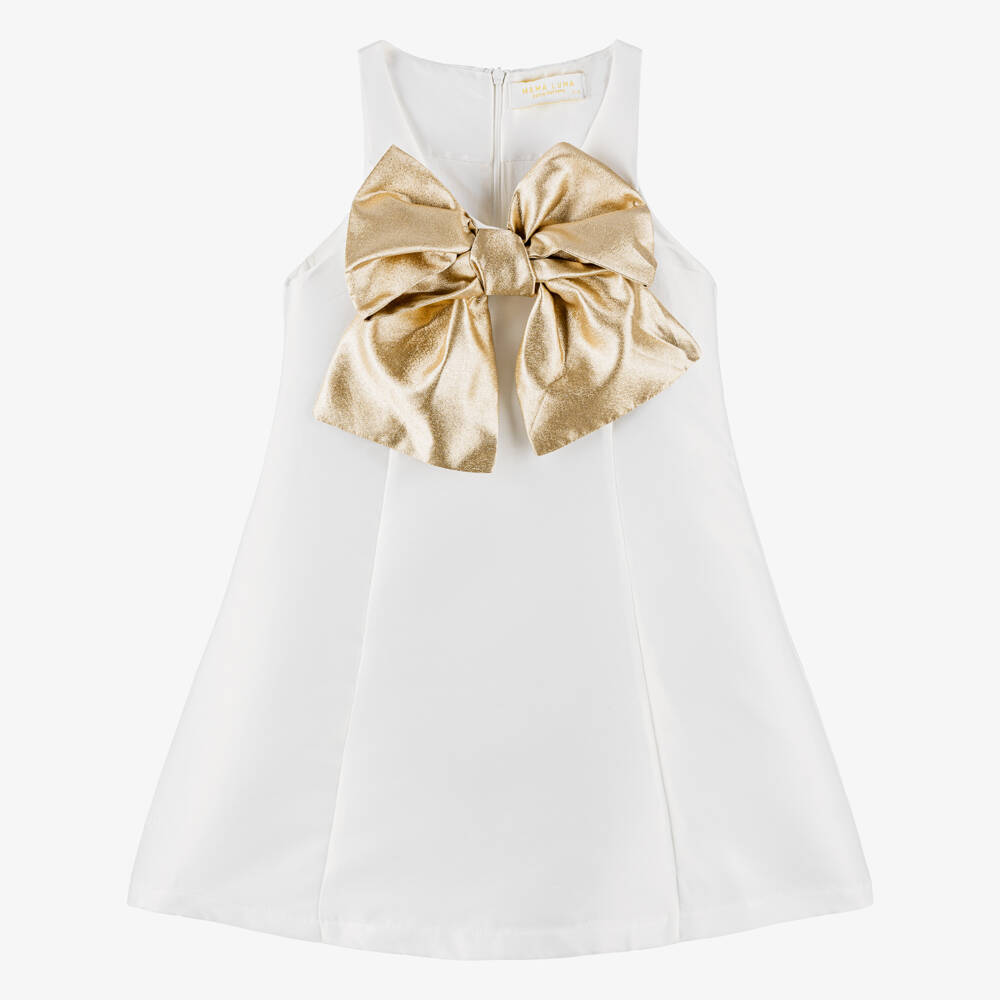 Mama Luma-Girls Ivory Satin Dress with Gold Bow | Childrensalon Outlet