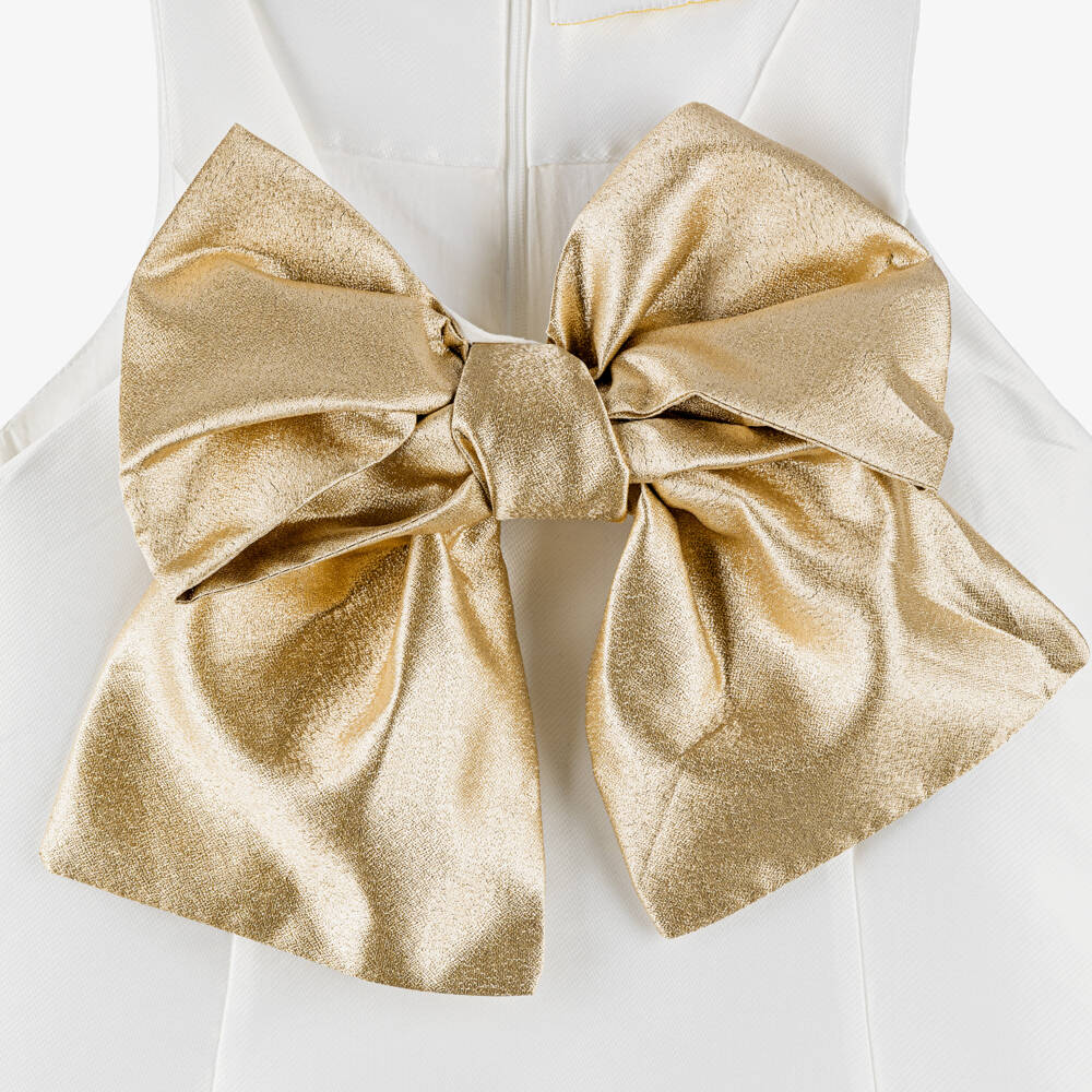 Mama Luma-Girls Ivory Satin Dress with Gold Bow | Childrensalon Outlet