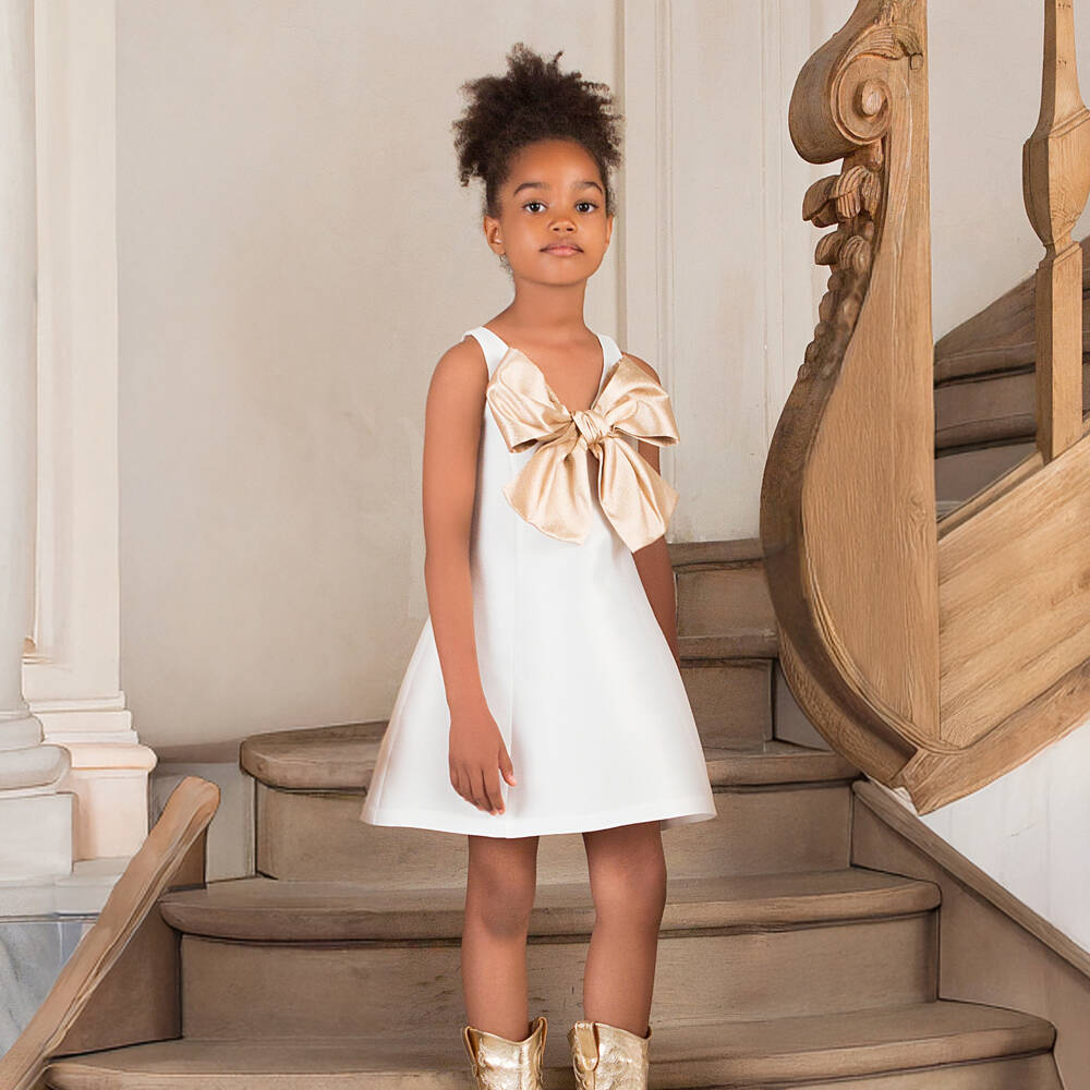 Mama Luma-Girls Ivory Satin Dress with Gold Bow | Childrensalon Outlet