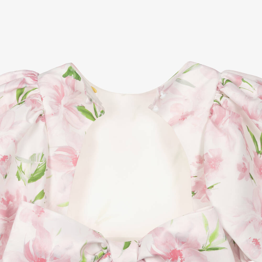 Mama Luma-Girls Ivory Satin Dress with Pink Floral Print | Childrensalon Outlet
