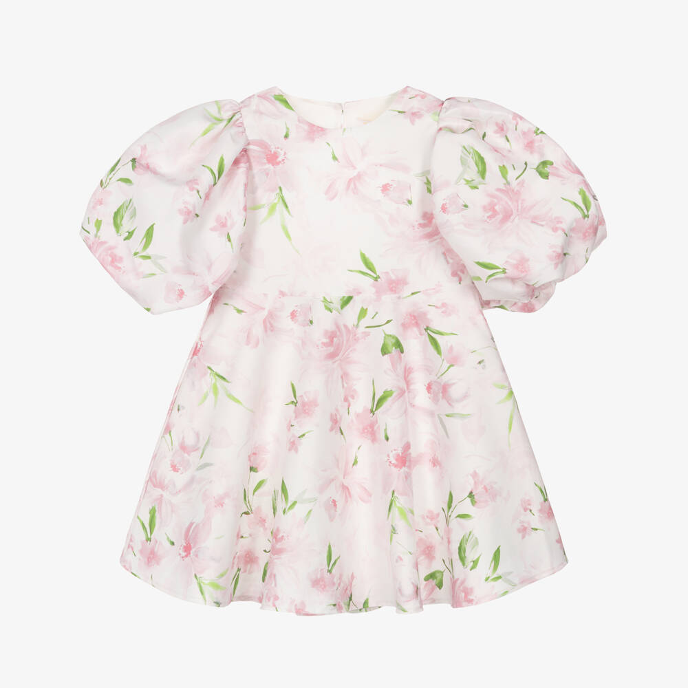 Mama Luma-Girls Ivory Satin Dress with Pink Floral Print | Childrensalon Outlet