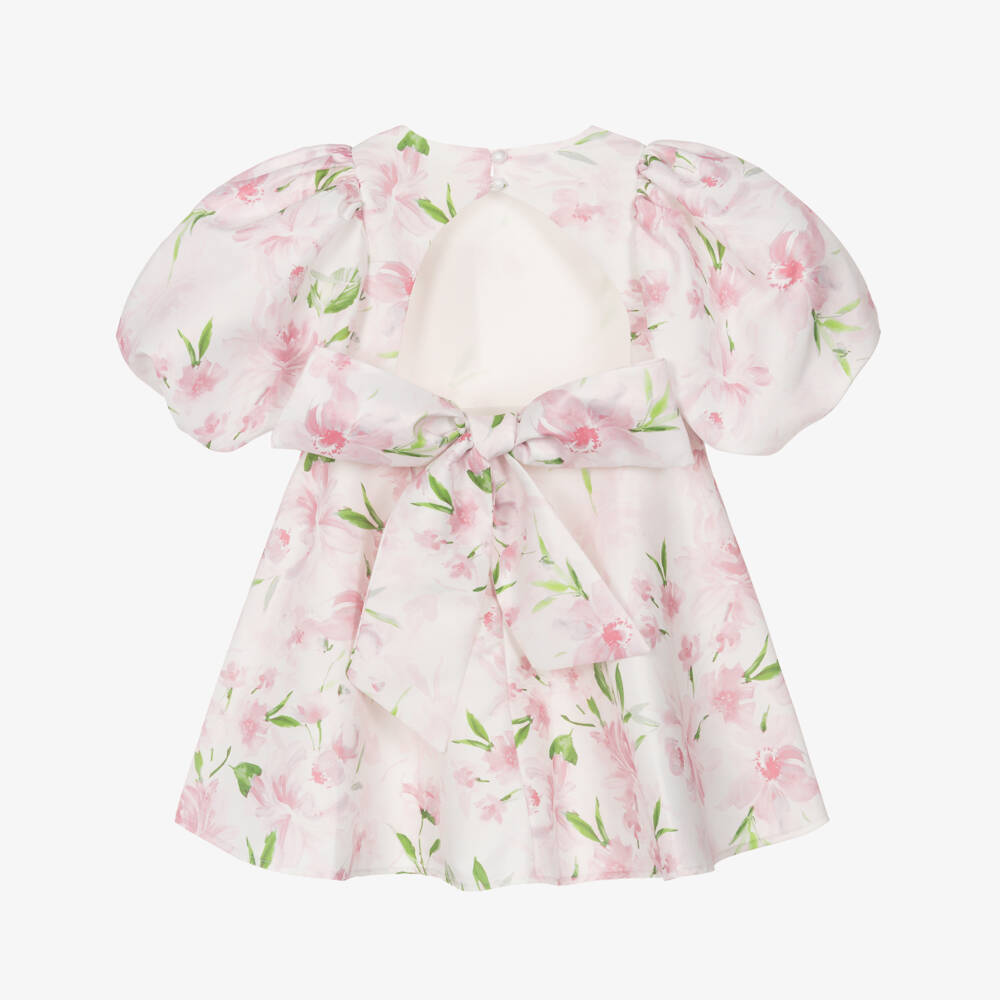 Mama Luma-Girls Ivory Satin Dress with Pink Floral Print | Childrensalon Outlet