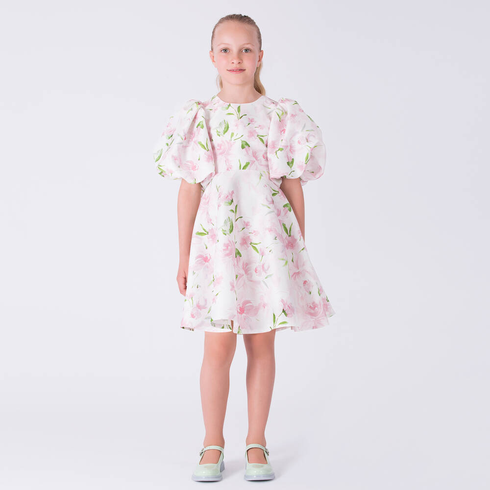 Mama Luma-Girls Ivory Satin Dress with Pink Floral Print | Childrensalon Outlet