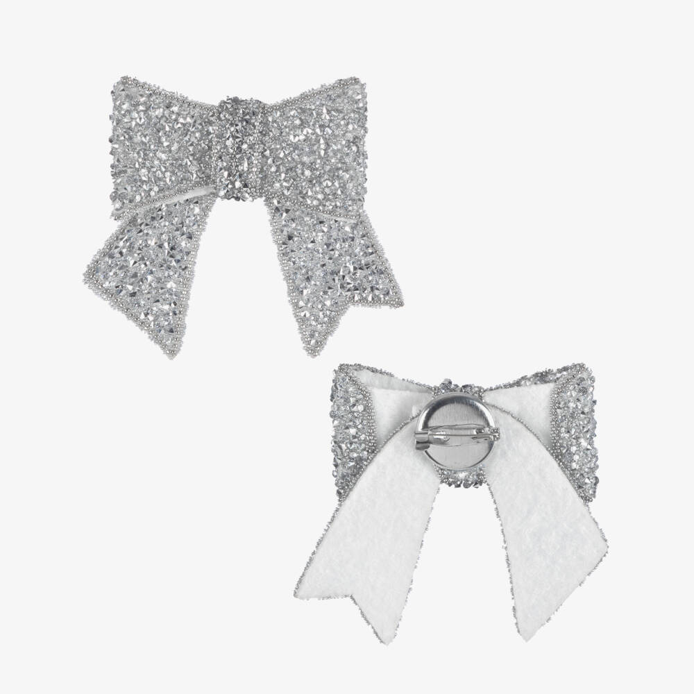Mama Luma-Girls Metallic Silver Satin Dress with Glittery Bows | Childrensalon Outlet