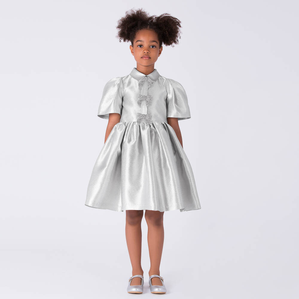 Mama Luma-Girls Metallic Silver Satin Dress with Glittery Bows | Childrensalon Outlet
