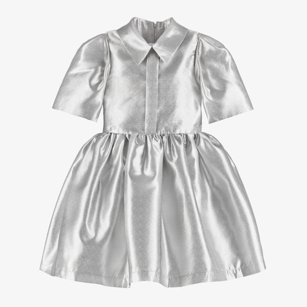 Mama Luma-Girls Metallic Silver Satin Dress with Glittery Bows | Childrensalon Outlet