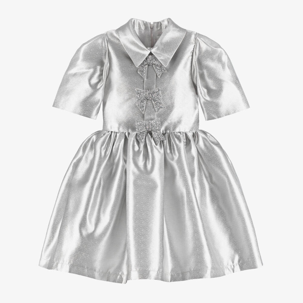 Mama Luma-Girls Metallic Silver Satin Dress with Glittery Bows | Childrensalon Outlet