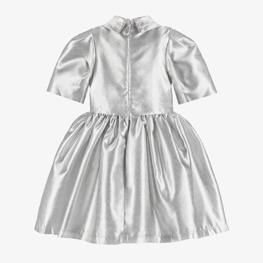 Mama Luma-Girls Metallic Silver Satin Dress with Glittery Bows | Childrensalon Outlet