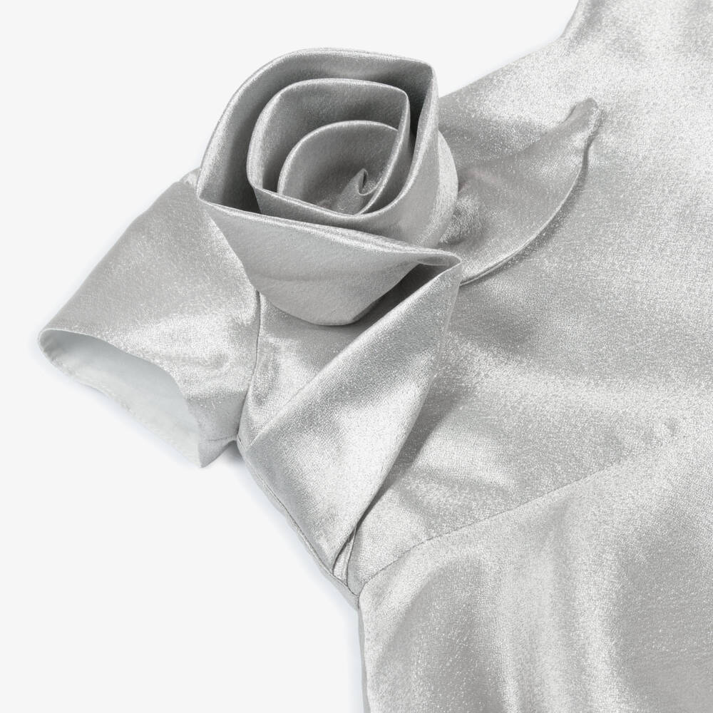 Mama Luma-Girls Metallic Silver Satin Dress with Rose Appliqué | Childrensalon Outlet