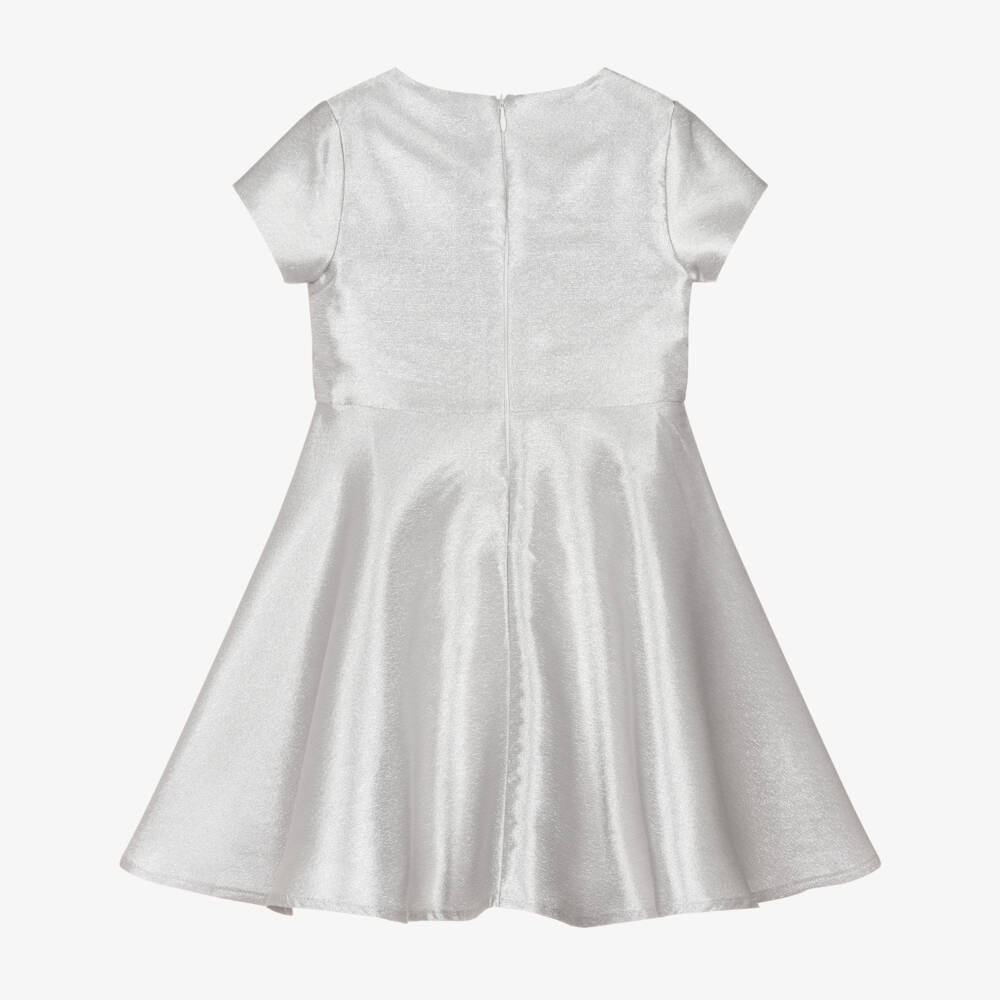 Mama Luma-Girls Metallic Silver Satin Dress with Rose Appliqué | Childrensalon Outlet