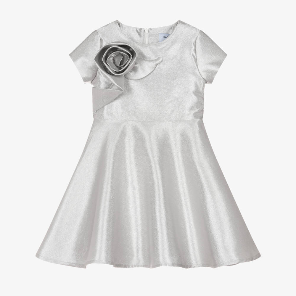 Mama Luma-Girls Metallic Silver Satin Dress with Rose Appliqué | Childrensalon Outlet