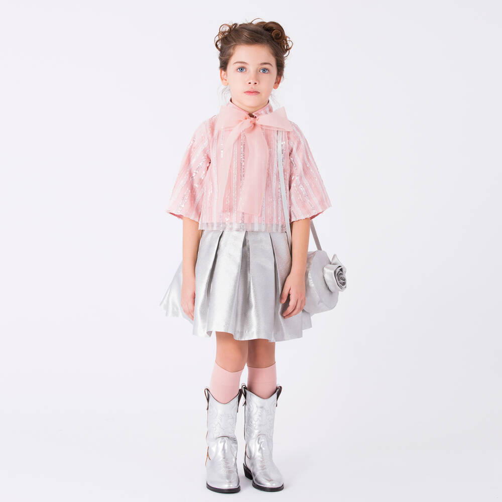 Mama Luma-Girls Metallic Silver Satin Pleated Skirt | Childrensalon Outlet