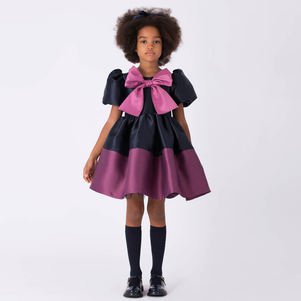 Mama Luma-Girls Mulberry & Navy Blue Satin Bow Dress | Childrensalon Outlet