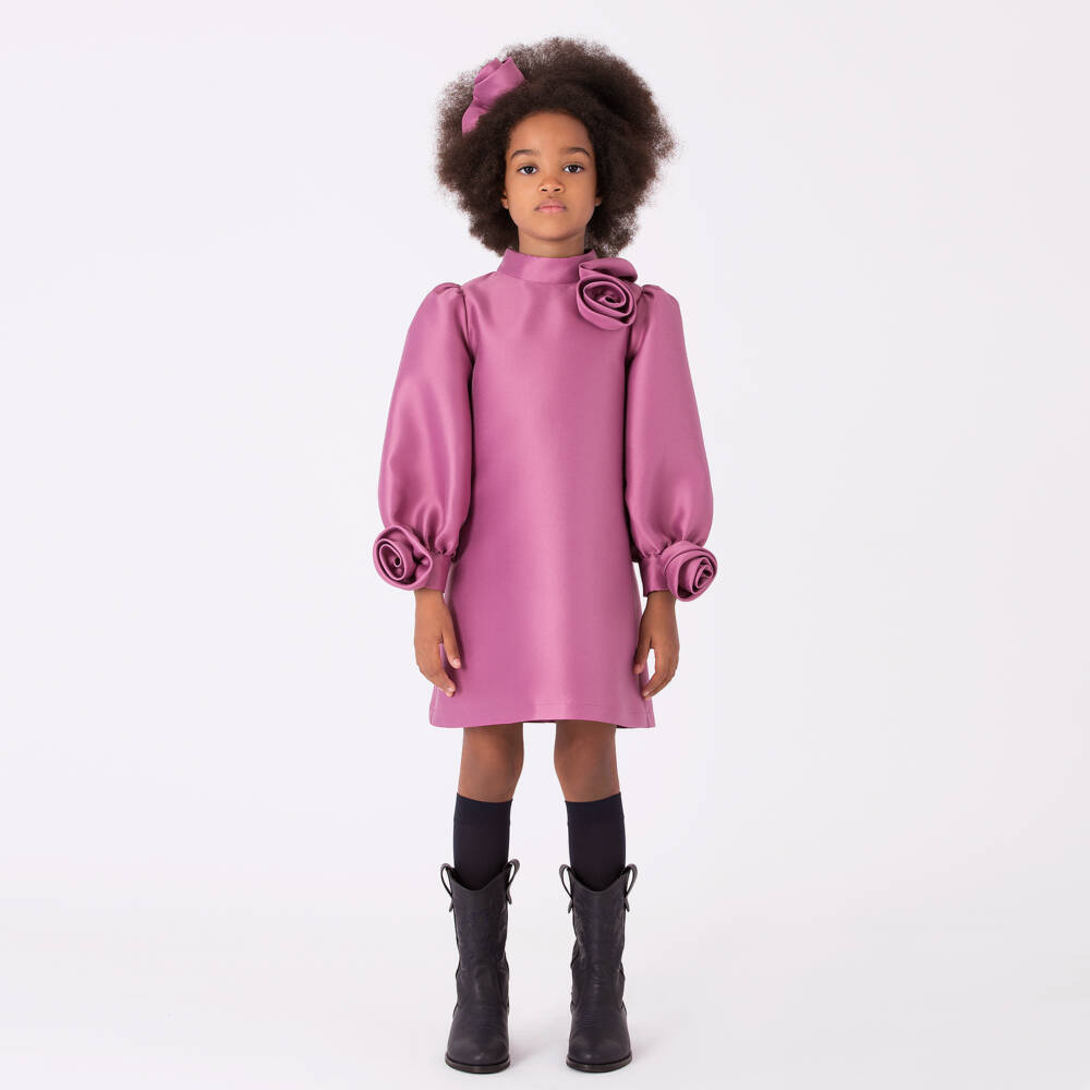 Mama Luma-Girls Mulberry Pink Satin Dress with Appliqué Flowers | Childrensalon Outlet