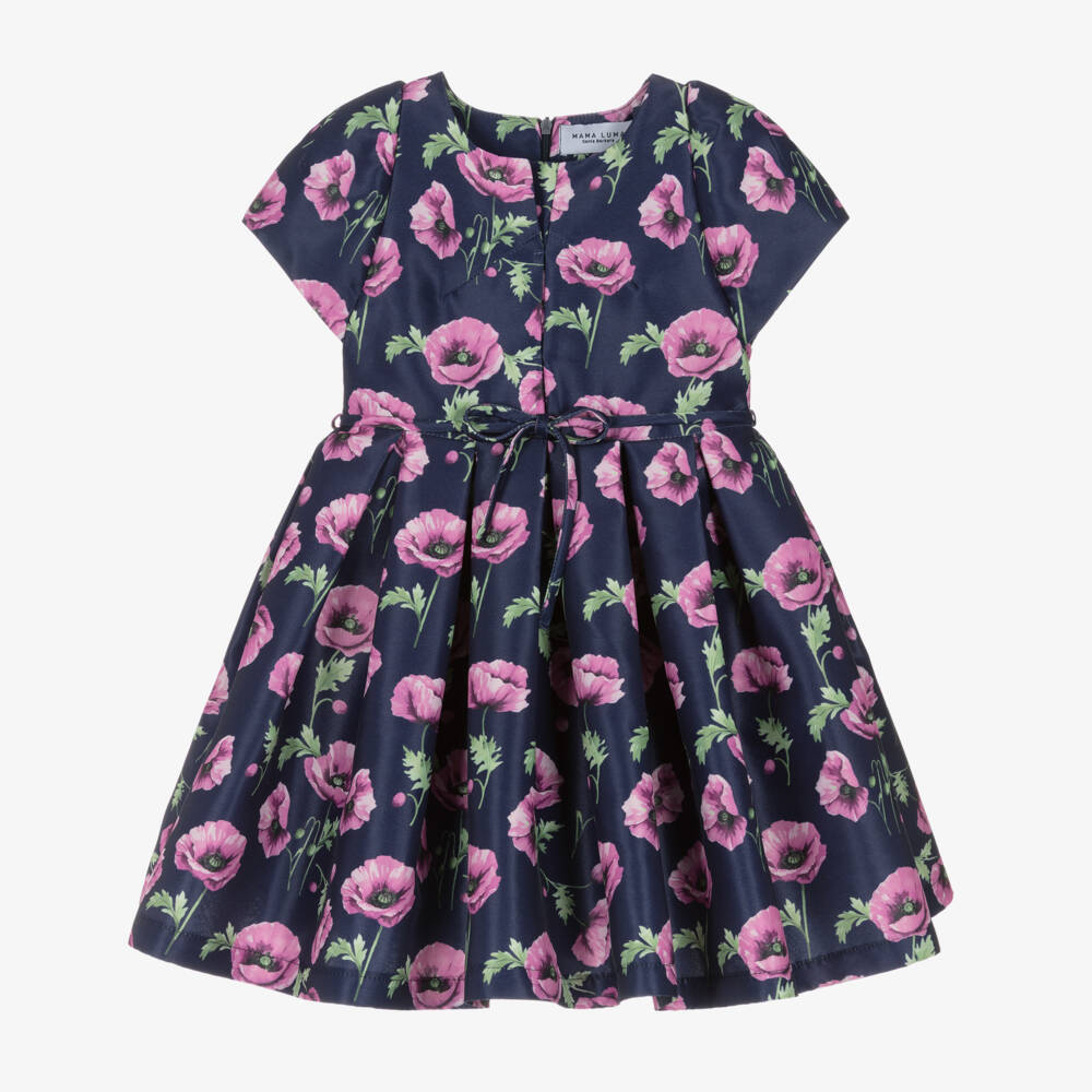 Mama Luma-Girls Navy Blue & Pink Floral Satin Dress | Childrensalon Outlet