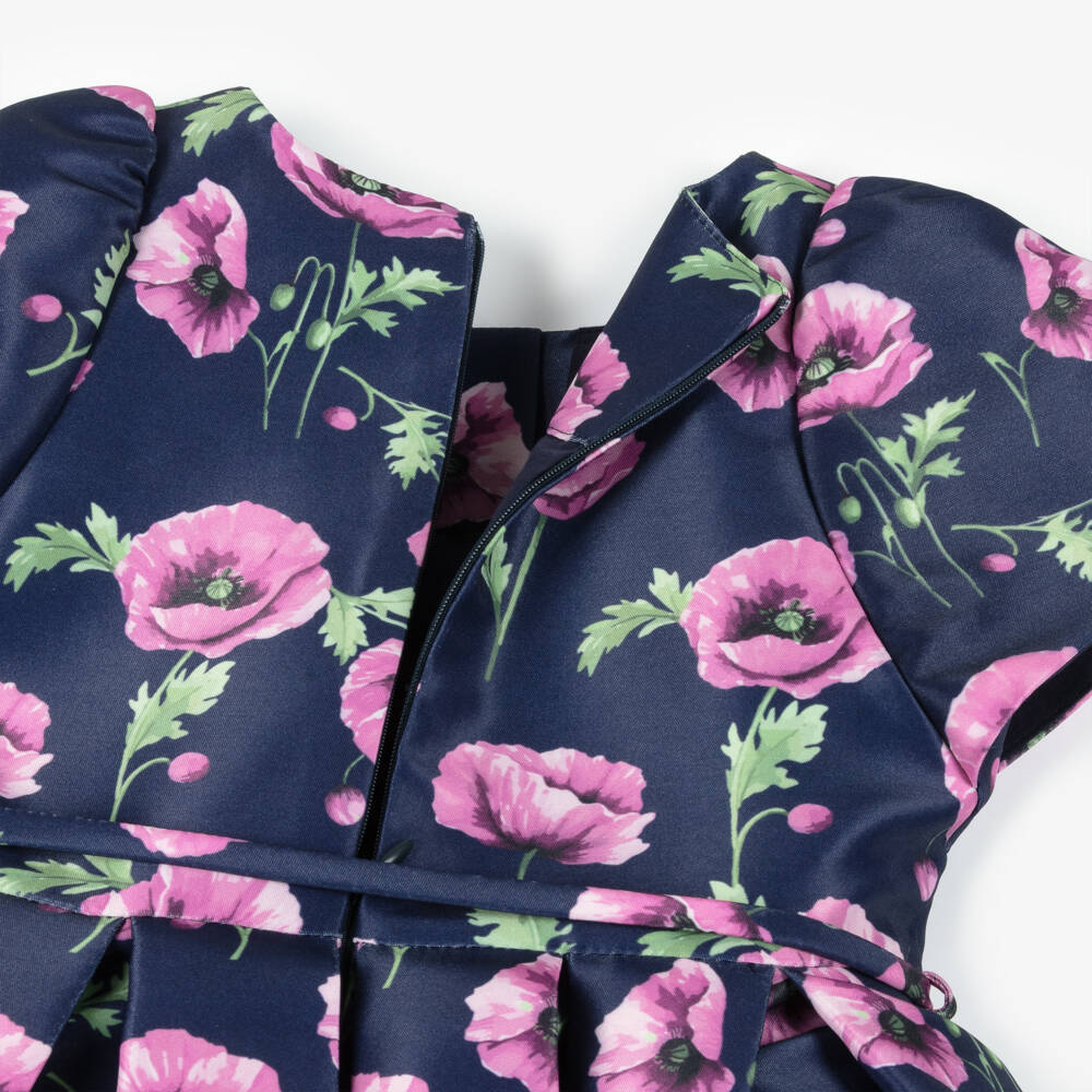 Mama Luma-Girls Navy Blue & Pink Floral Satin Dress | Childrensalon Outlet